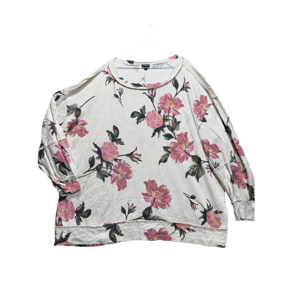 Torrid Floral Sweatshirt Women Size 0 Cream Pink Rose Long Sleeve Thermal Knit